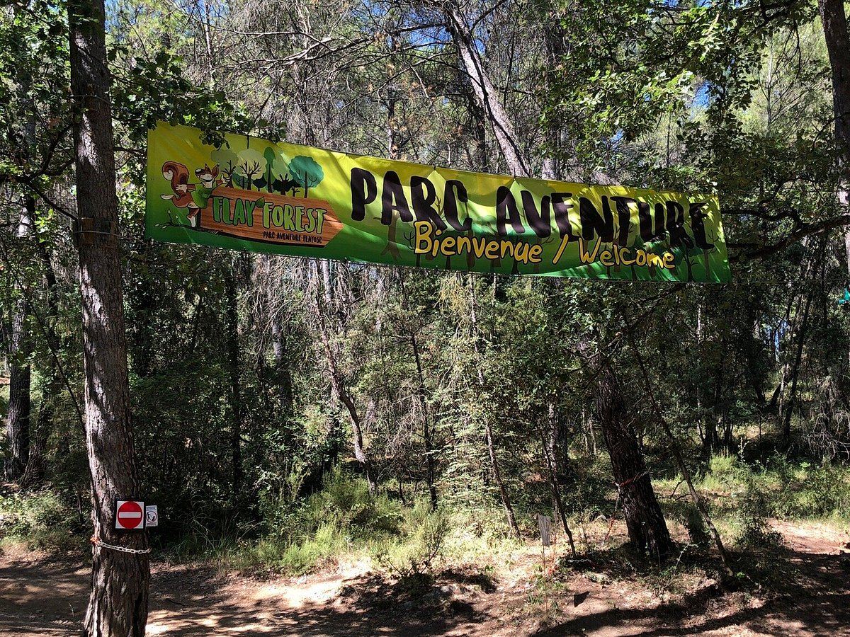Entrée du parc aventure Flay'Forest en forêt, à Flayosc